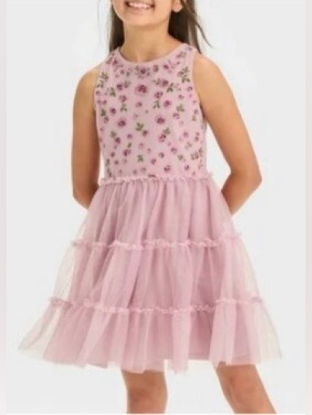 Cat & Jack Girls Pink Embroidered Rose Tulle Party Dress